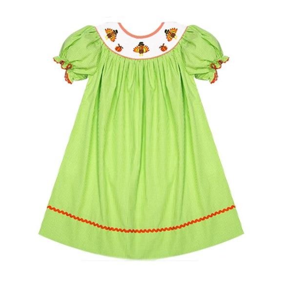 Boutique Other - Beautiful Smocked Girl's Lime Green Gingham Thanksgiving Turkey Bishop Dress